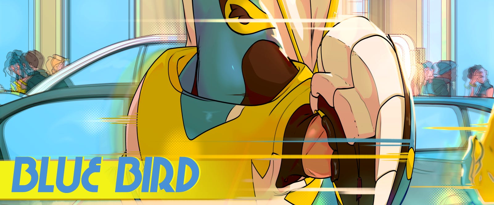Blue Bird text in blue over a yellow stripe over a zoom-in on the Blue Bird art print, featuring the hero Blue Bird running fast with speed lines dragging off them through downtown Denver.