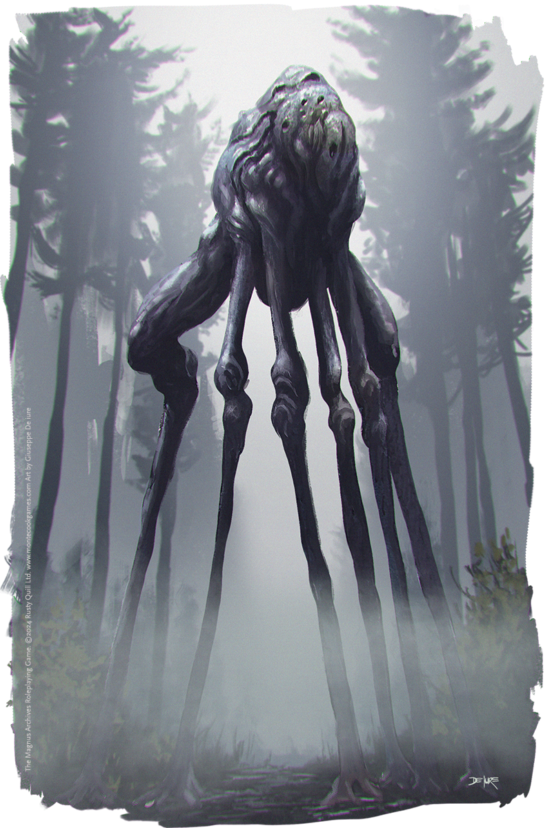 A gigantic fleshy, long-legged creature strides through a forest.
