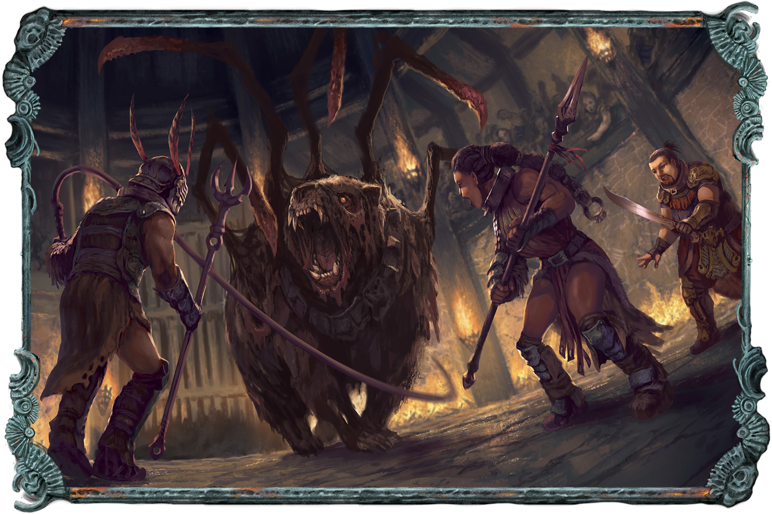 Illustration showing several fantasy characters facing down a strange bear-like creature with vicious segmented barbed arms reaching from its back.