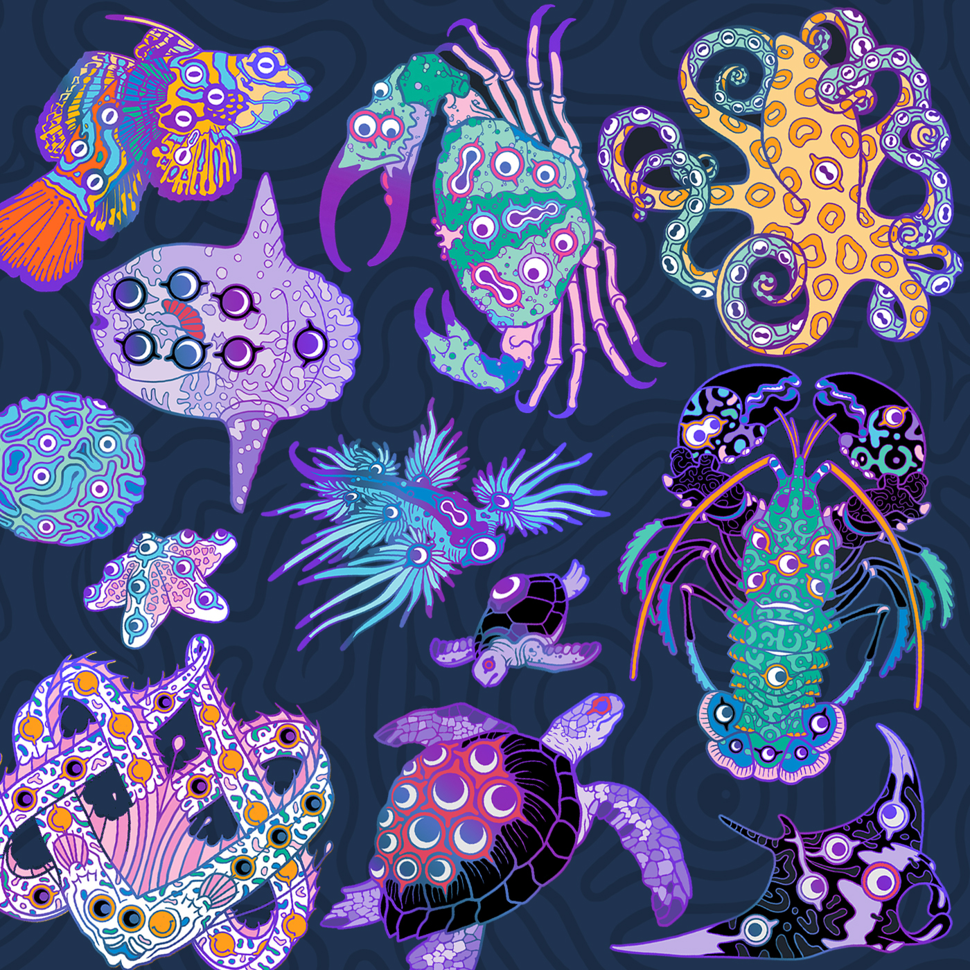 All 12 Warped Ocean Pins in Rainbow