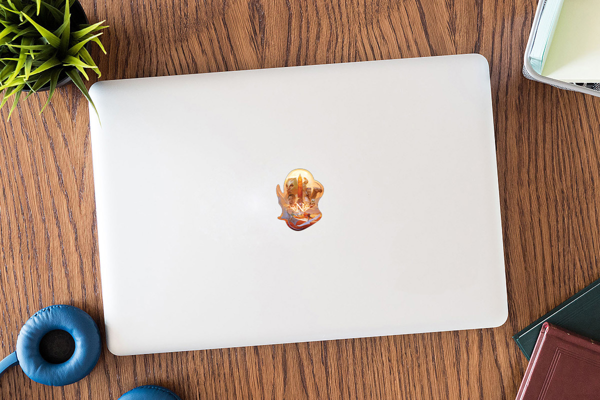 Mockup of a laptop with the original Numenera corebook sticker on it.