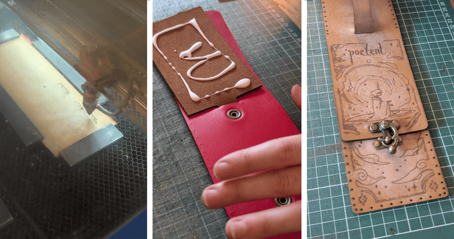Three pictures from creating the pouch prototype: the lasercutter etching in the design, attaching the leather backing for support, and a flat preview of the pouch before assembly