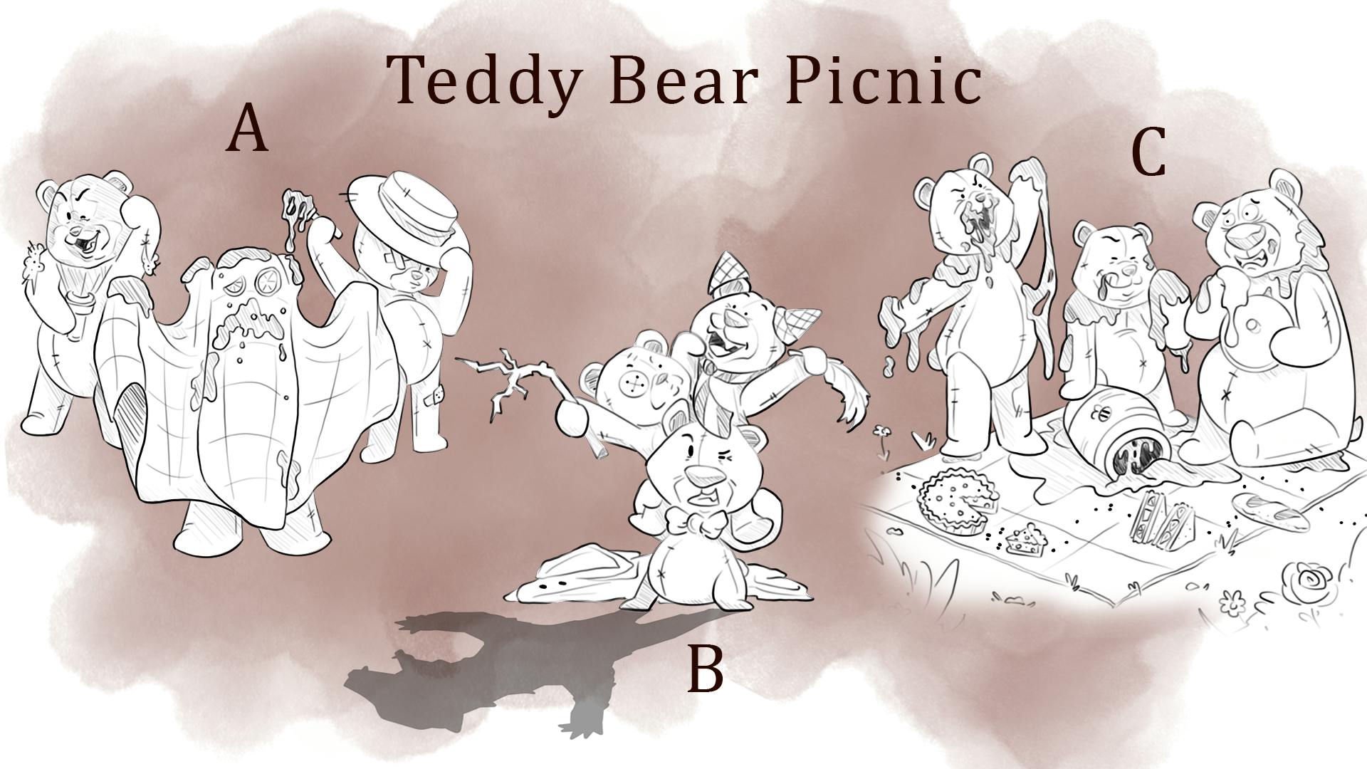 A: three bears in spooky costumes, B: three bears working together to cast a scary shadow, C: three bears making a mess of a honey pot and picnic