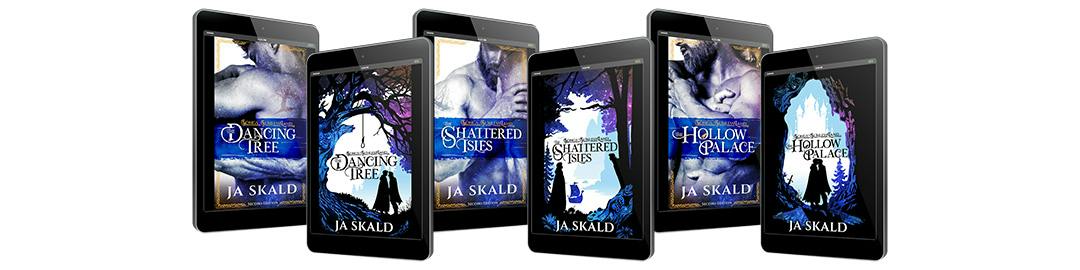 Tablets showing eBook covers for the Songs of a Sunless Land series (with alternate steamy cover variants), including The Dancing Tree, The Shattered Isles, & The Hollow Palace.
