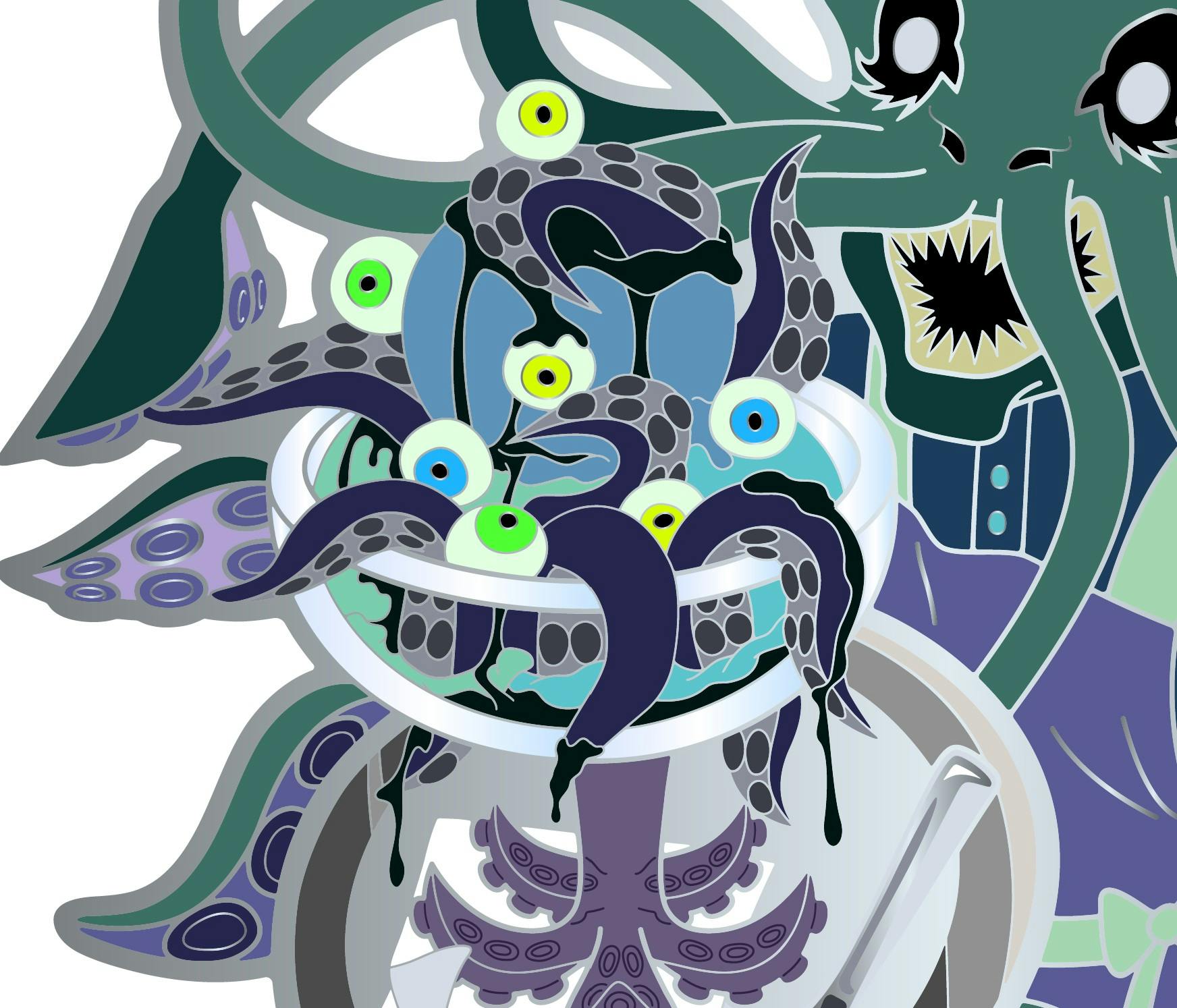 V2: Blue/Greenish IceScream: Neon Eyes with Glow-in-the-Dark Scleras, Eggplant/Gray Tentacles, Black-Green Glitter Slime