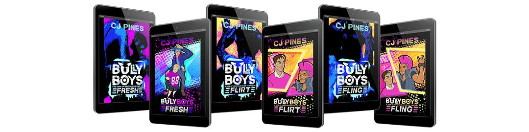 Tablets showing eBook covers for the Bully Boys series (with alternate steamy cover variants), including Fresh, Fling, & Flirt.