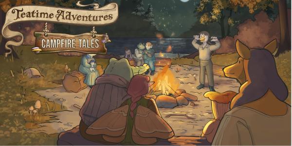 woodland creatures sit by a campfire telling scary stories