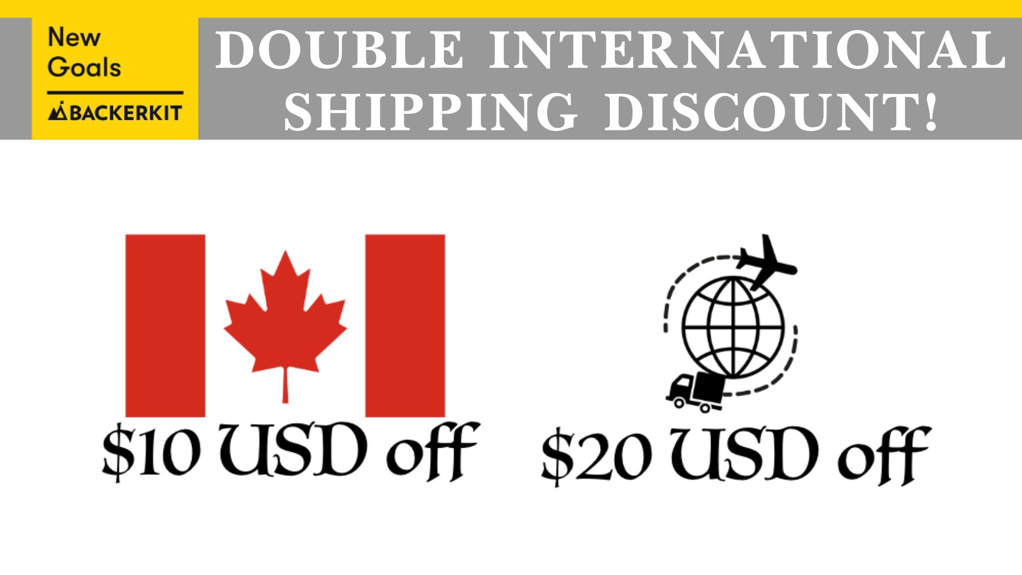  Graphic showing $10 USD off shipping for Canadians, $20 USD off for the rest of the world outside America. 
