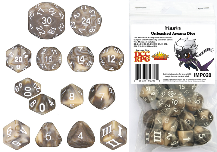 Haste DCC 14 dice set plus DCC/5E magic item PDF for Tiger Beetle Boots