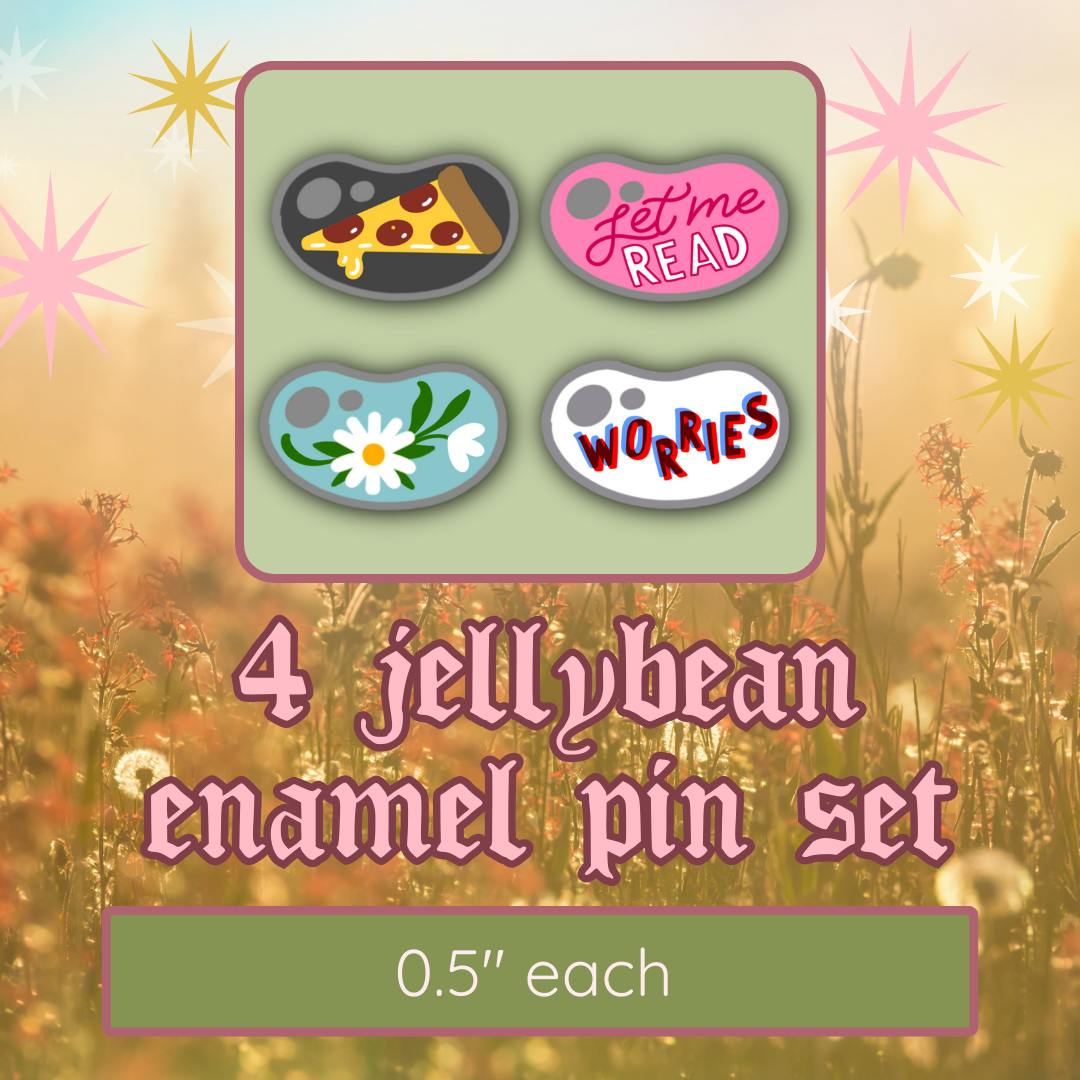 JELLYBEANS- 4 pin set daisy/worries/pizza/letread