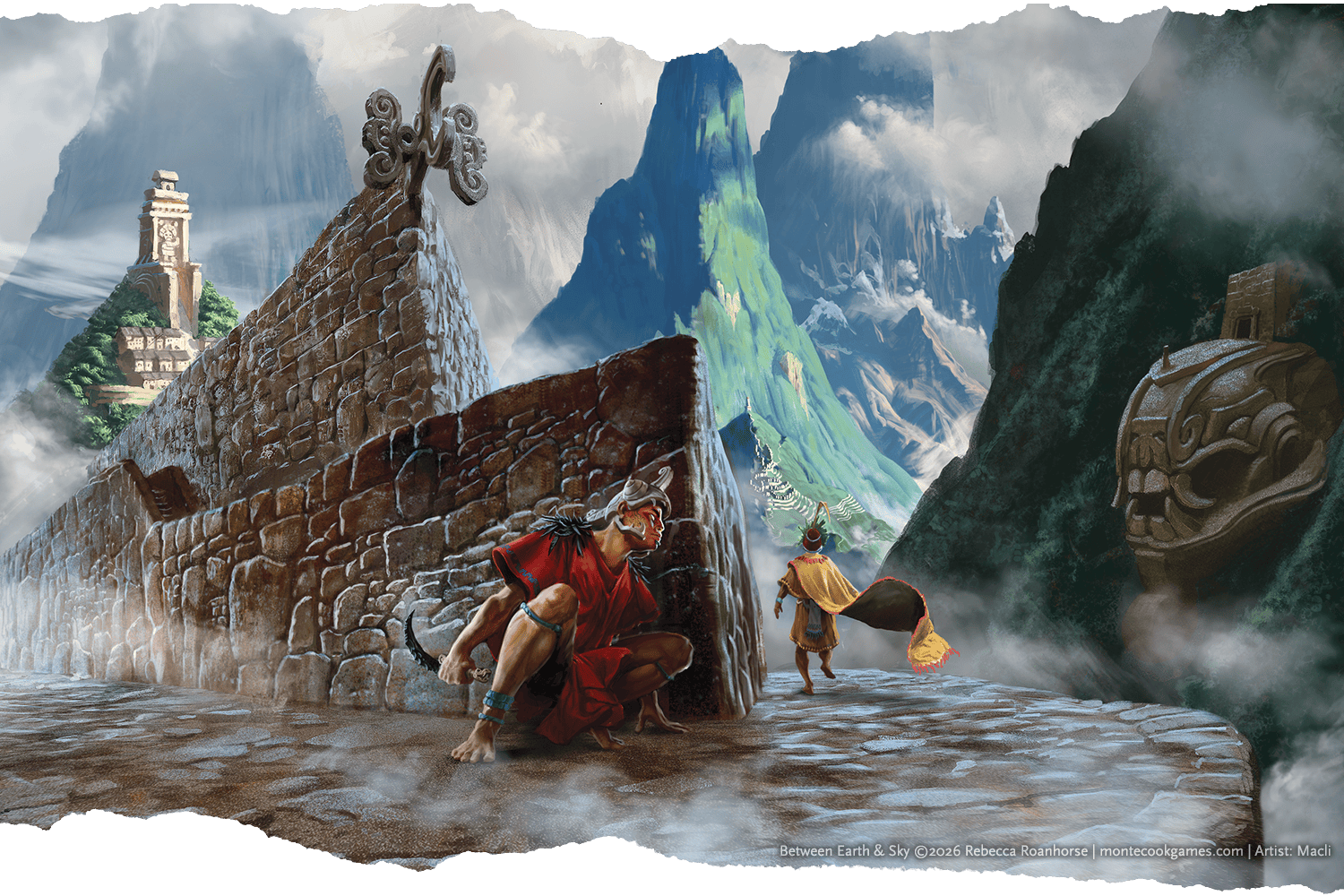 An illustration showing a character with an obsidian dagger following another character as they traverse a Peruvian-style landscape.