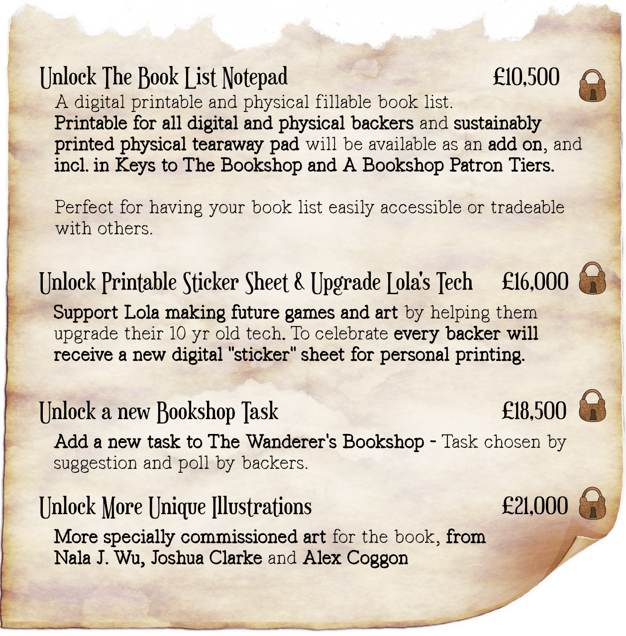  a ripped parchment graphic with text that reads "Unlock the Book List Notepad 10500 GBP, A digital printable and physical fillable book list. Printable for all digital and physical backers and sustainably printed physical tearaway pad will be available as an add on, and incl. in Keys to The Bookshop and A Bookshop Patron Tiers. Perfect for having your book list easily accessible or tradeable with others. Unlock Printable Sticker Sheet & Upgrade Lola's Tech 16000 GBP, Support Lola making future games and art by helping them upgrade their 10 yr old tech. To celebrate every backer will receive a new digital "sticker" sheet for personal printing. Unlock a new Bookshop Task 18500 GBP, Add a new task to The Wanderer's Bookshop - Task chosen by suggestion and poll by backers. Unlock More Unique Illustrations 21000 GBP, More specially commissioned art for the book, from Nala J. Wu, Joshua Clarke and Alex Coggon" Each stretch goal has a lock symbol next to them