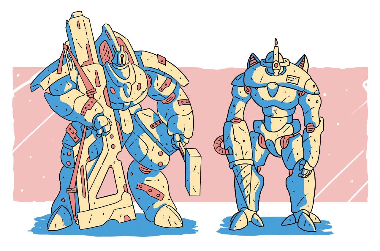Two mechs stand side by side, showing the range of designs mechs can have in the Astral Union. The one on the right has a drill arm and lithe build, repurposed from resource gathering tasks. The mech on the left was built for war, much chunkier and with large artillery at hand.