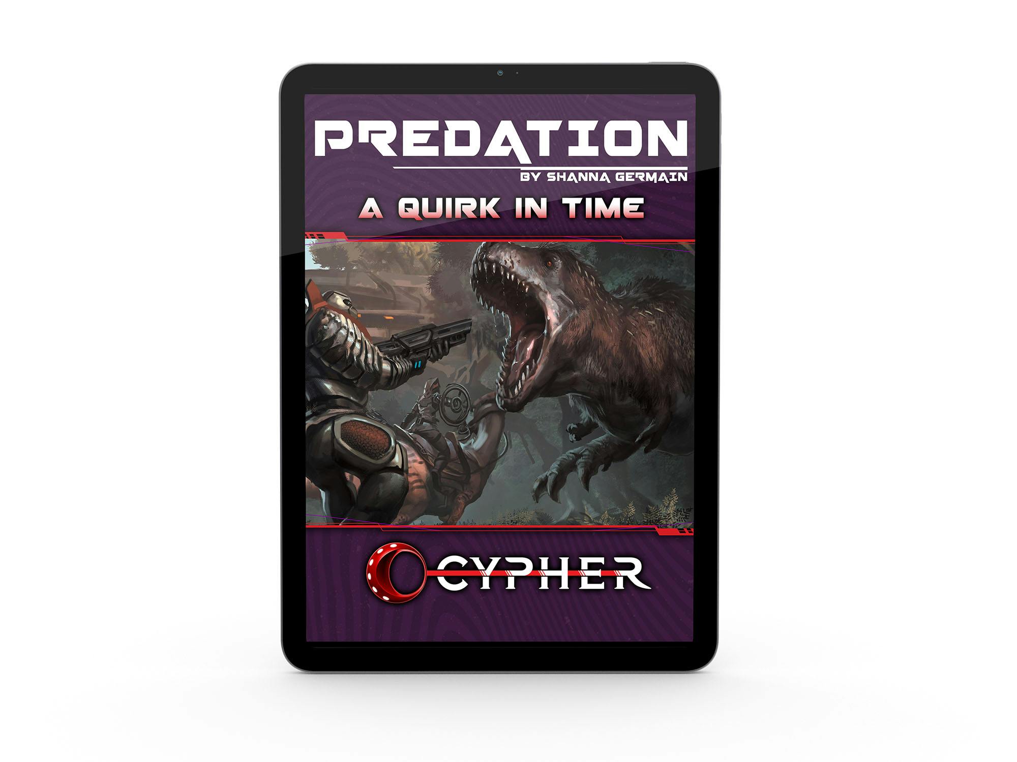Mockup of a PDF on a table device. The cover is titled Predation: A Quirk in Time and shows an armored man facing off against a large predatory dinosaur.
