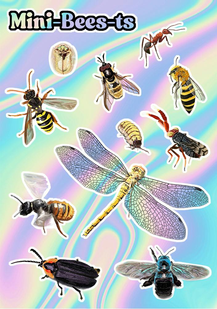mock up of a holographic effect a5 sticker sheet filled with illustrations of different insects including woodlice, firefly, blue carpenter bee, gooden's nomad bee, ruddy darter dragonfly, hoverflies and more 