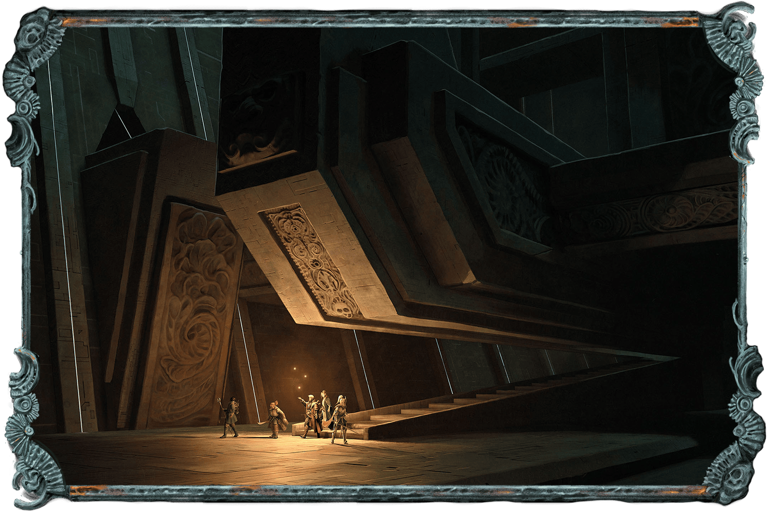 An illustration showing a group of fantasy characters as they explore a vast, strange dungeon space full of odd structures and weird reliefs set into giant stonework.