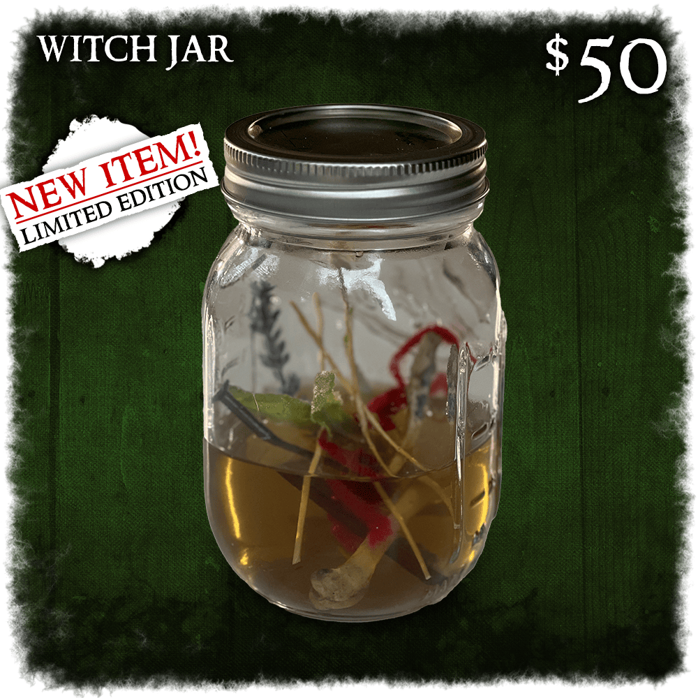 Witch Jar. $50. This replica witch jar is a thing to behold, friends. At your game table it's an astonishing prop; a faithful replication of the sort of component used in wards and spells. On your shelf, sitting on its lighted base, it glows with a mysterious light. It's a unique and amazing item you'll only be able to get through this campaign!