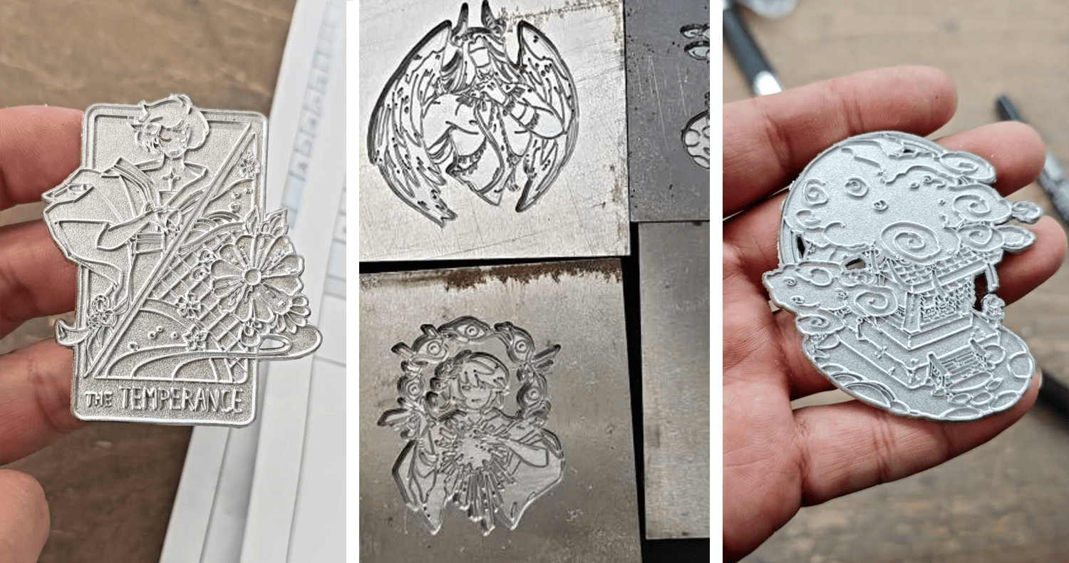 Three photos of the enamel pin production process. The first picture shows The Temperance pin as an empty pin. The second shows the mold for Ocular Halo and another one of my pins that isn't Portent-related, and the third picture is the plain, non-plated pin of the Sakura Shrine.
