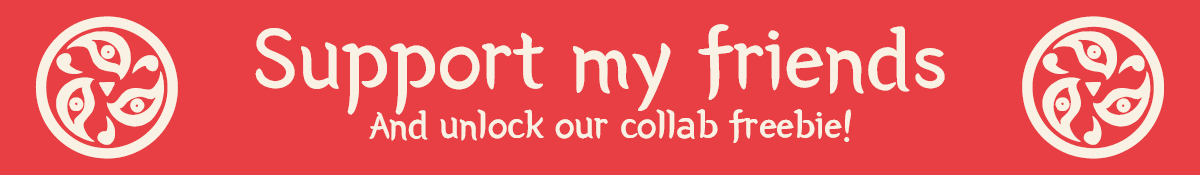 Red header with the text Support my friends and unlock our collab freebie!