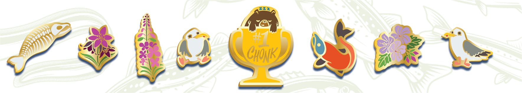 8 mini pins in this order: fish bones, two wildflowers flower, gull, #1 chonk, salmon, wildflower, and gullFiller Pins