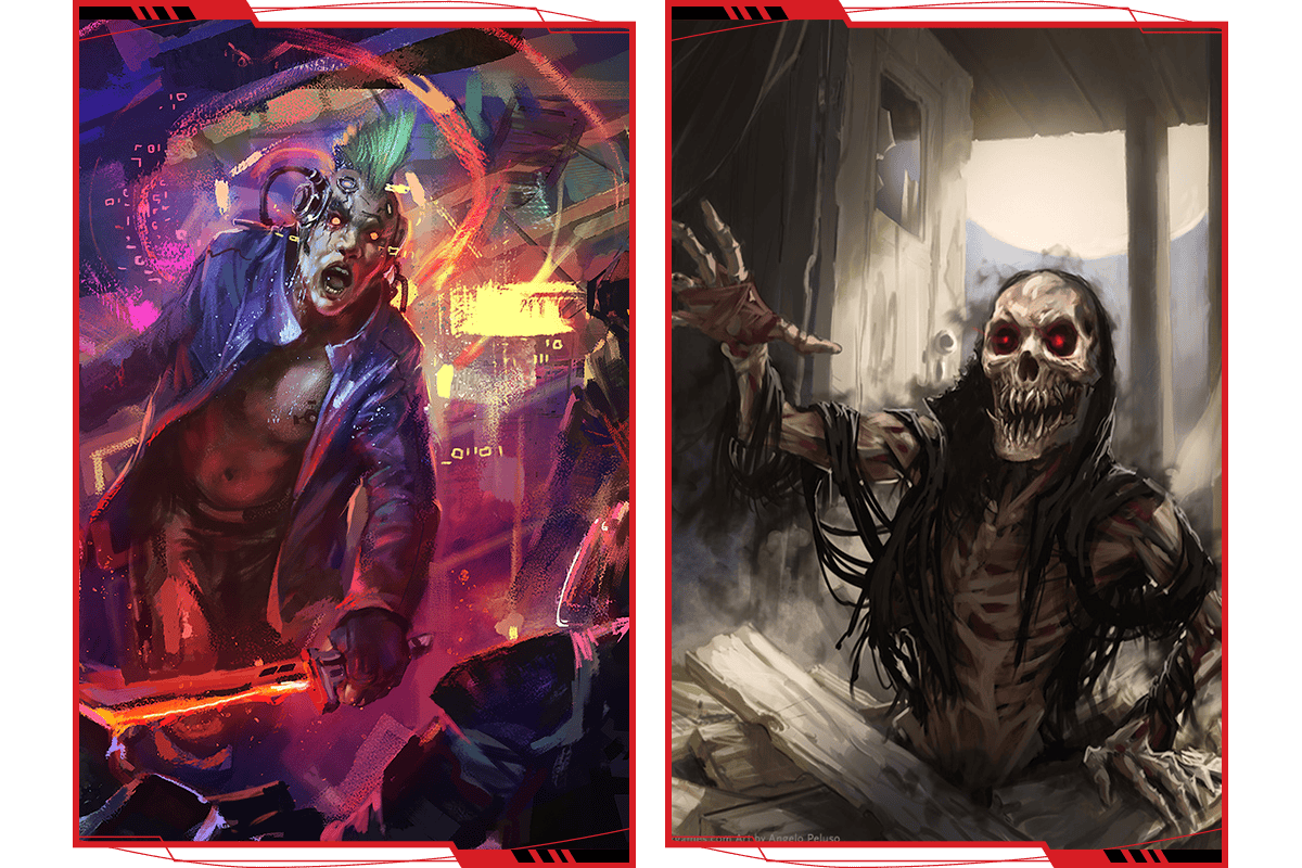 Images showing an enraged cyberpunk character and an undead monstrousity emerging from a shattered floor.