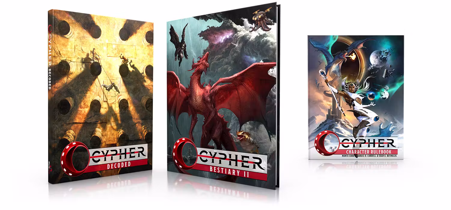 An image showing Cypher Decoded and Cypher Bestiary II in front of Cypher Character Rulebook