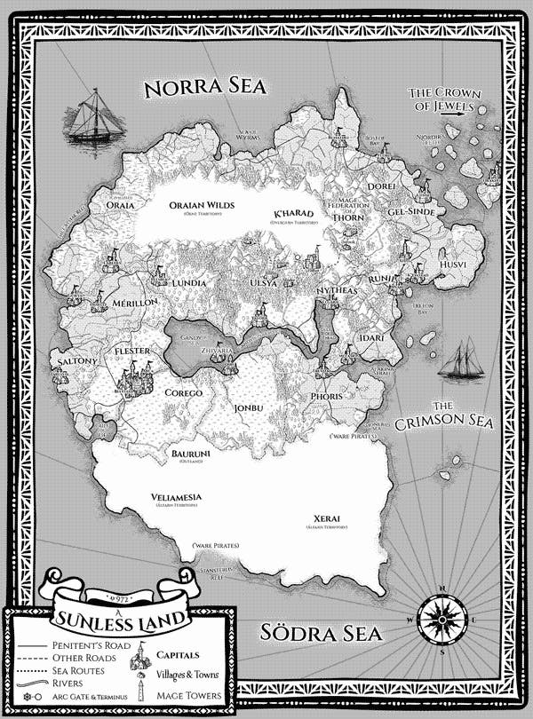 A map featuring the counties and regions of a Sunless Land. In-world, the continent is believed to have been created by the All-Mother, Queen of the Surviving Gods from the remains of Jörmungandr the Devourer, the World Serpent who signaled the start of Ragnarök. Perhaps this is why it looks vaguely like a curled up dragon?