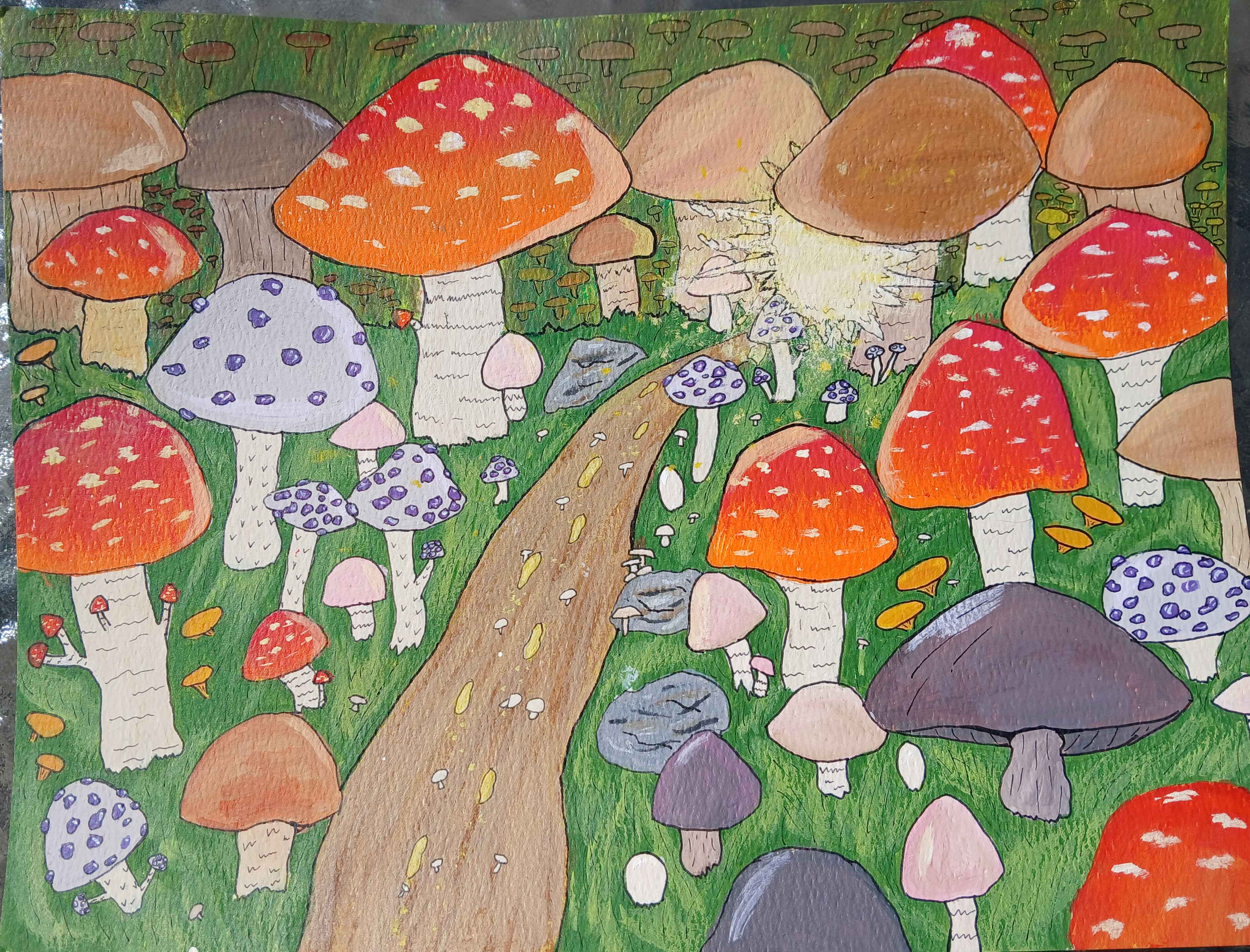  A photo of an acrylic painting. The painting is called "Into Shroomen Grove". A dirt path full of little white mushrooms and glowing footprints wounds its way through a mushroom forest. The end of the path is bathed in a blinding, golden light. Several mushrooms fill the forest. There are tree-sized muscara amanitas (red and orange capped with white dots), some purple mushrooms with gel-filled pustuals, large and small common mushrooms of browns, pinks, and dark grays, there are some chanterelles, and even some small puffball mushrooms. 