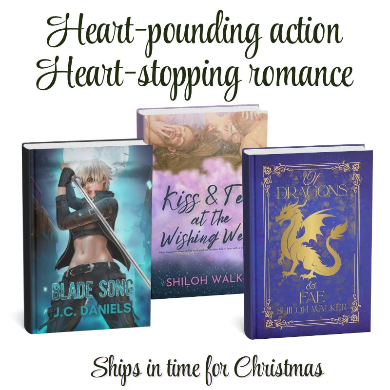 shows mockups of Blade Song, Kiss and Tell at the Wishing Well, Of Dragons & Fae