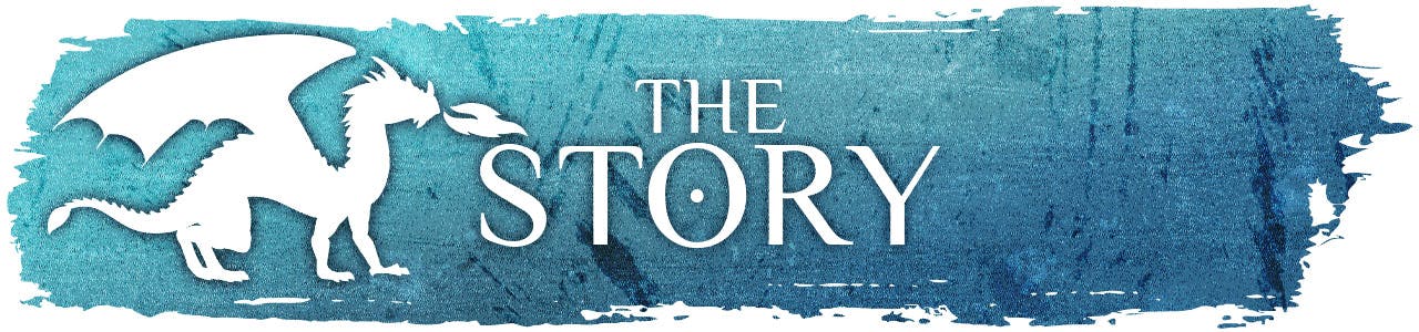 A brushstroke in blue-washed gradient, bearing a white silhouetted dragon and the title "The Story."