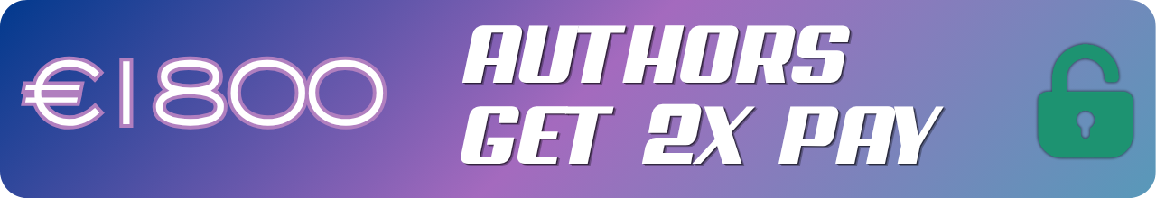  Text: €1800 Authors Get 2x Pay on a blue and purple gradient with an open green lock at the side