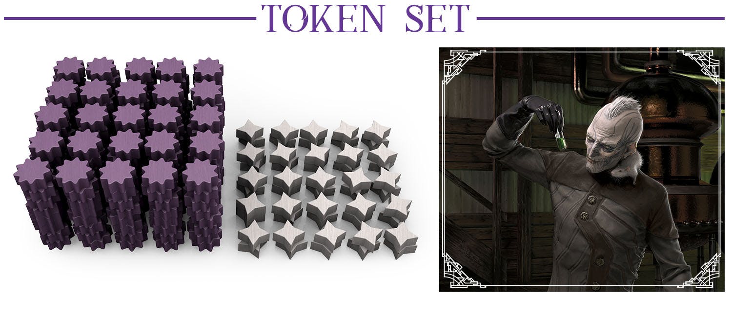 Header: Token Set. Plus an image of a bunch of bene and vex tokens, and an image of a Maker admiring some potion he's created.