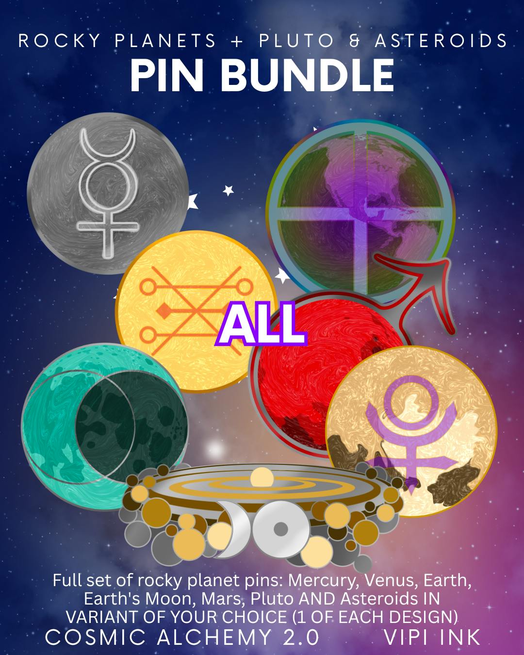 Rocky Planet (plus Pluto & Asteroid) Enamel Pin BUNDLE