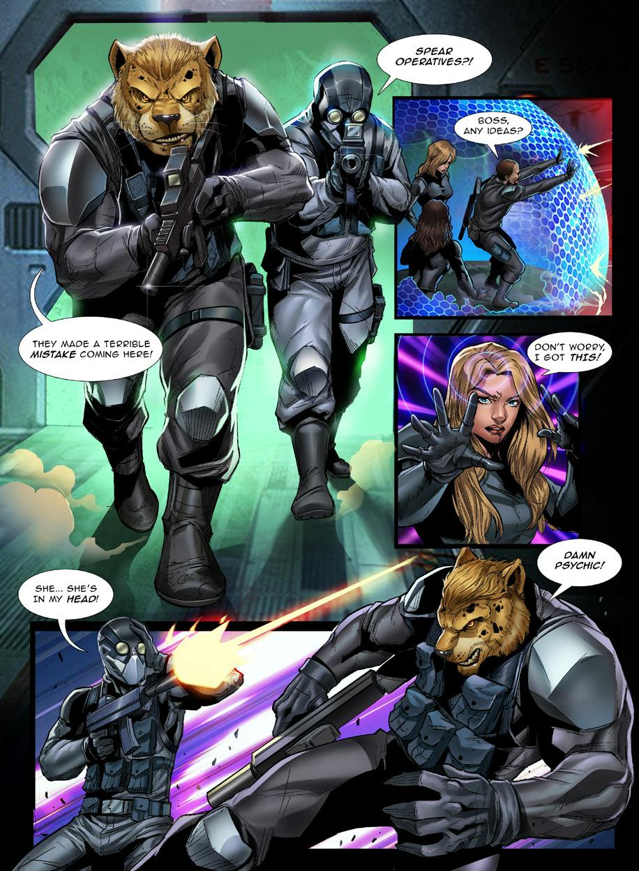 Comics page from "Titan Effects RPG'"s introduction. It shows two soldiers dressed in black shooting a team of super spies. One of them looks like a human-tiger hybrid. The male spy creates a force field to repel the bullets while the female spy uses her telepathy to force one of the soldiers to attack the hybrid.