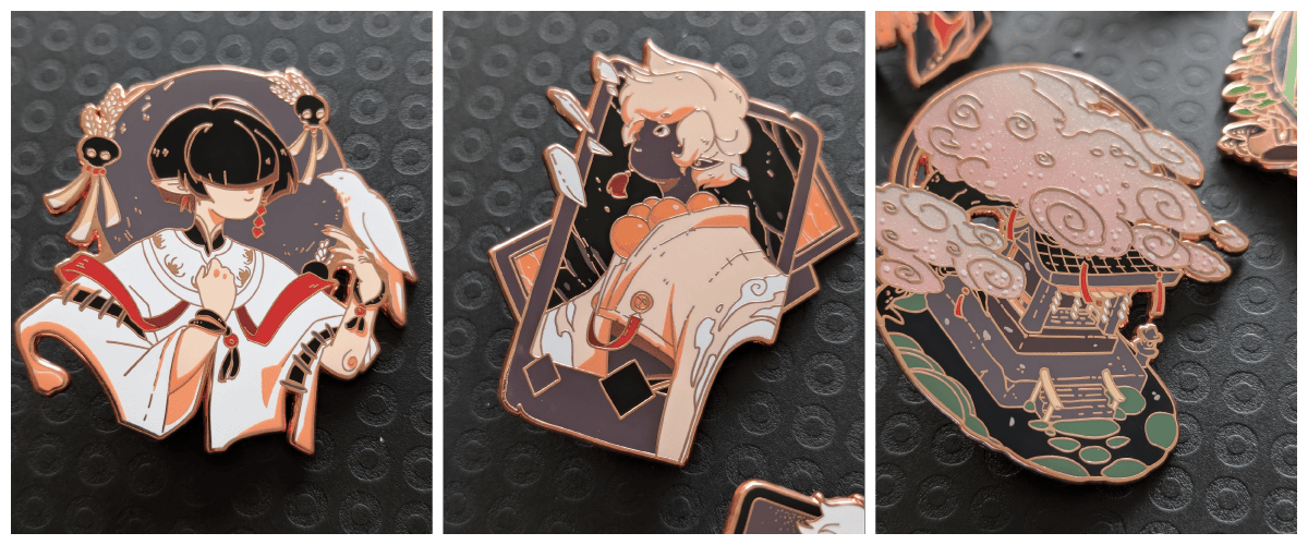Photo collage of three enamel pins available for Portent: The Death, The Tower, and Sakura Shrine