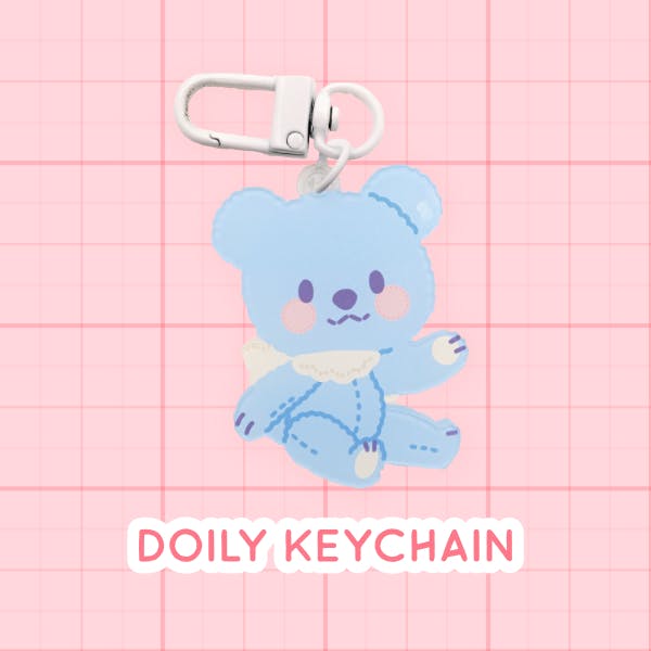 Doily Keychain. Has Doily sitting and waving.