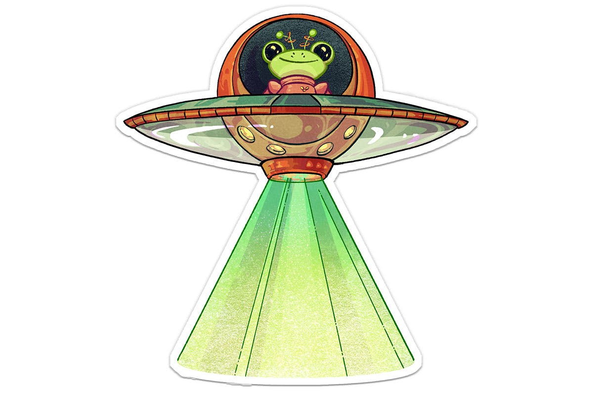 A mockup of a sticker in a cartoonish style depicting a frog in a flying saucer made up in part by the Cypher logo bug.