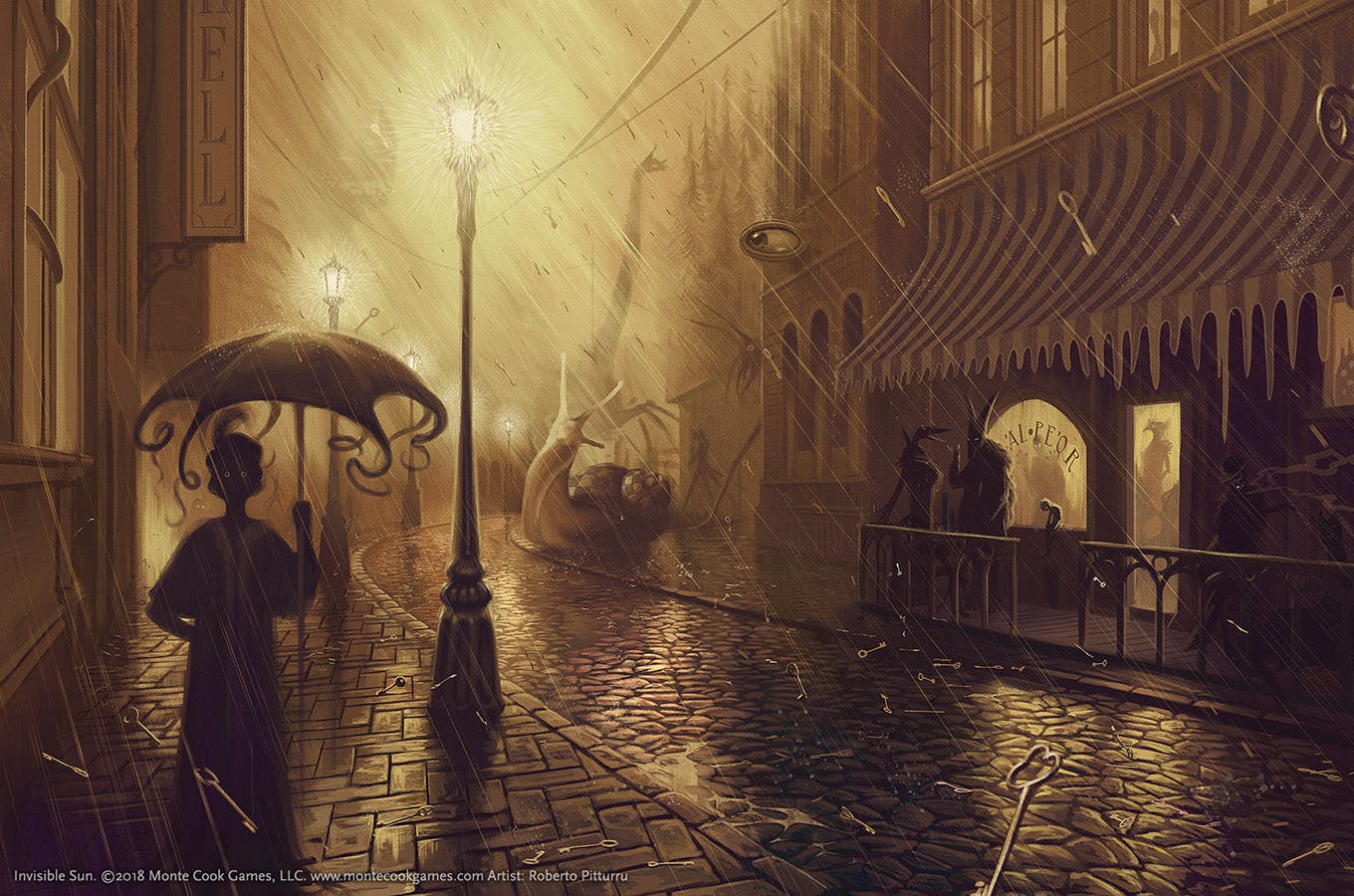 An illustration of a street in Satyrine that is experiencing a keyfall - where keys fall from the sky like rain.
