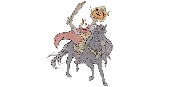the headless Hoptop on his black steed, cardboard sword in hand and flaming jack-o-lantern head held high