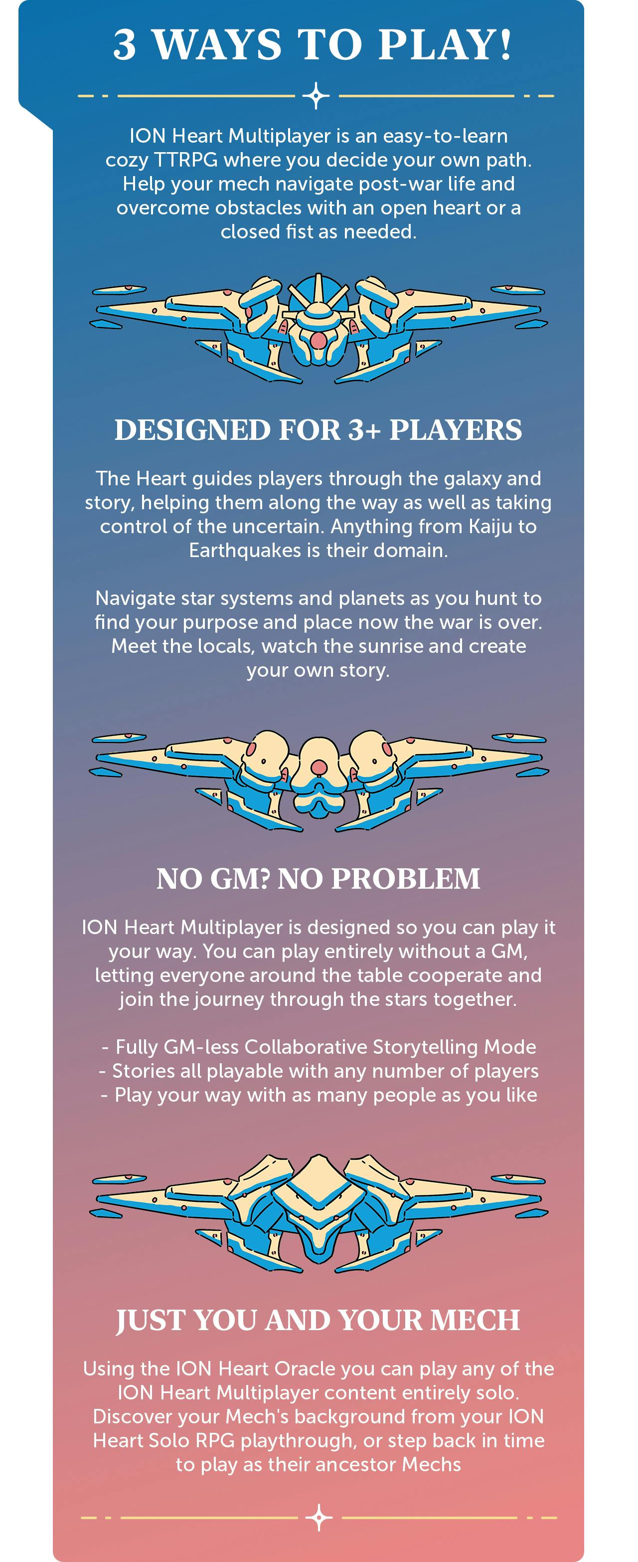 Three Ways to Play: You can play ION Heart Multiplayer stories either in multiplayer with a GM, as a team without  aGM, or as a solo game inspired by the ION Heart Solo RPG.