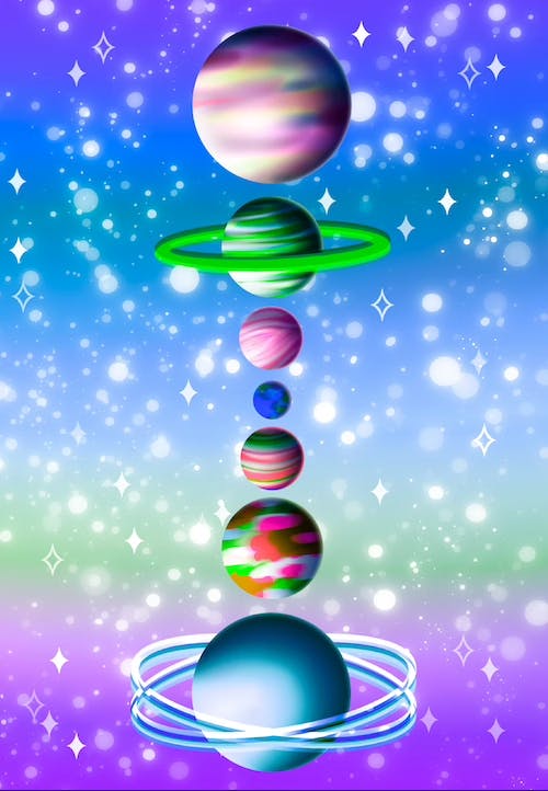 An image of several brightly colored planets aligned to the center of the image, two of which have rings around them, over top a purple, green, blue and teal starry background
