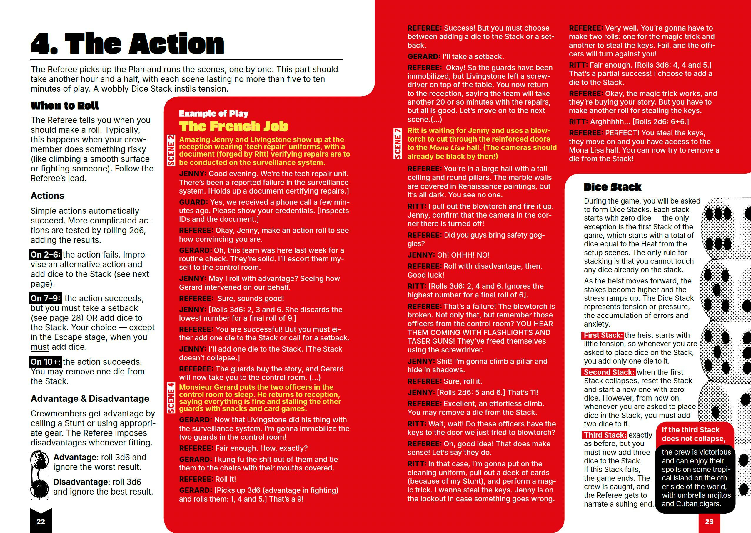 Image of a spread from the book showing how the Action Phase is played
