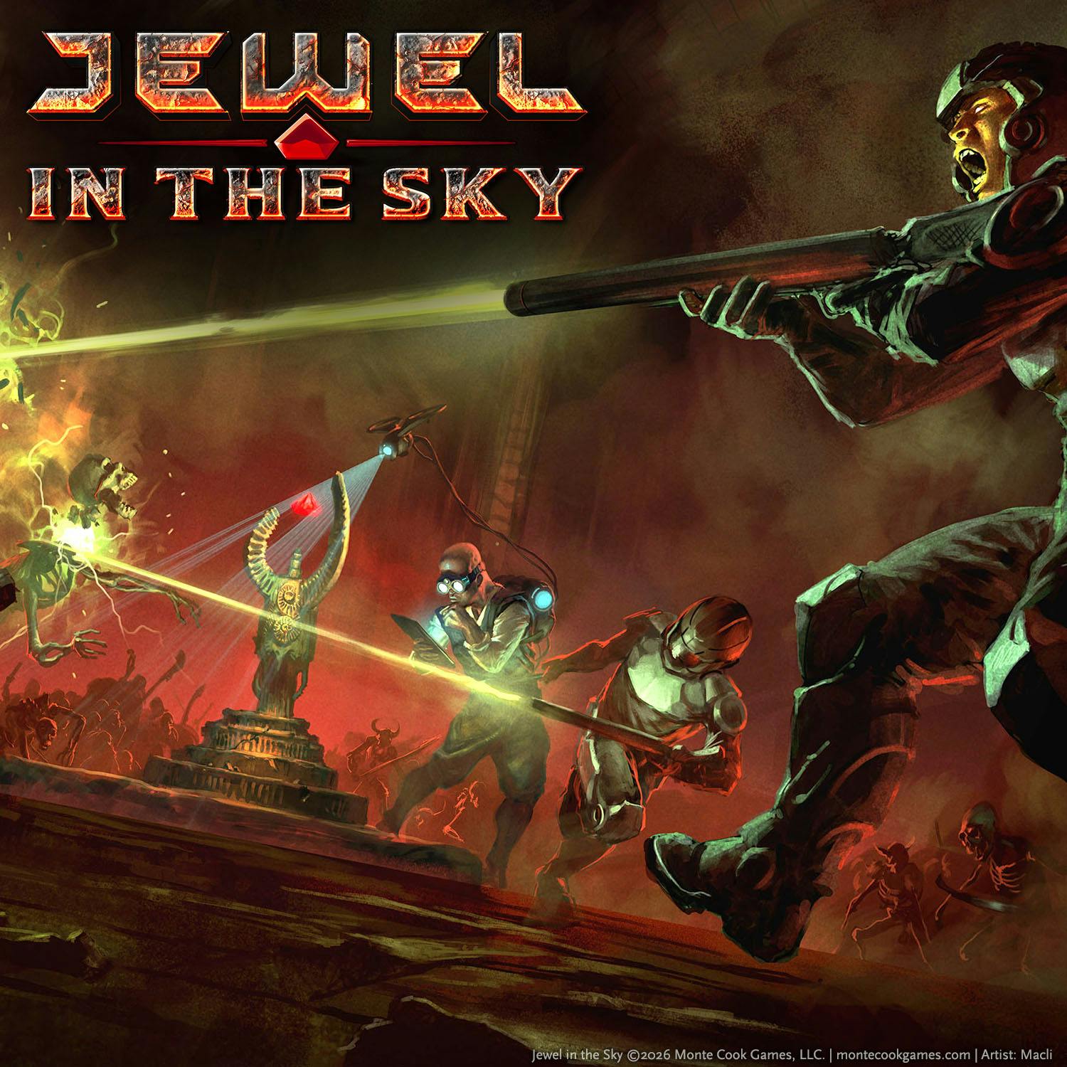 Image showing a group of scifi characters investigating a floating mysterious red jewel with a horde of skeletons attack the group, with the Jewel in the Sky logo.
