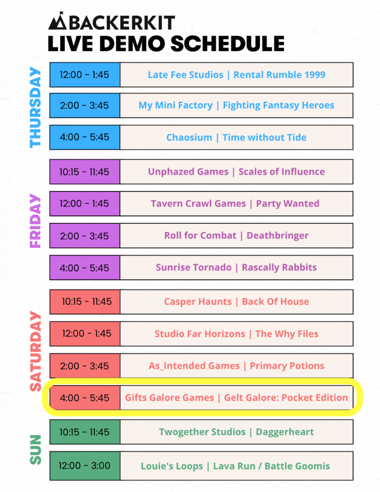 Backerkit's Live Demo Schedule