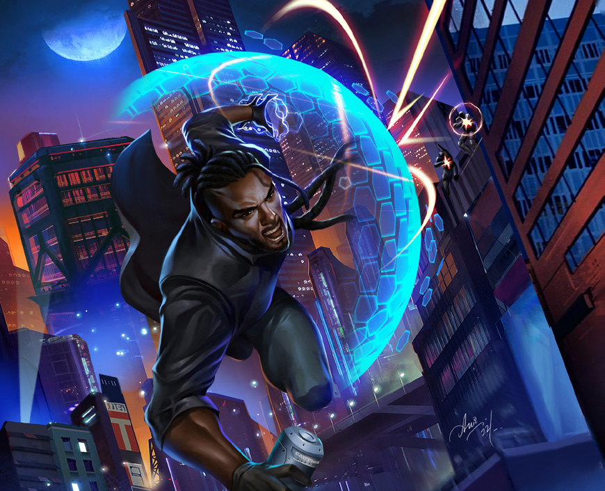 A man surrounded by a blue telekinetic shield and holding a strange canister jumps from a roof. Two men in black armor are shooting at him from the roof.