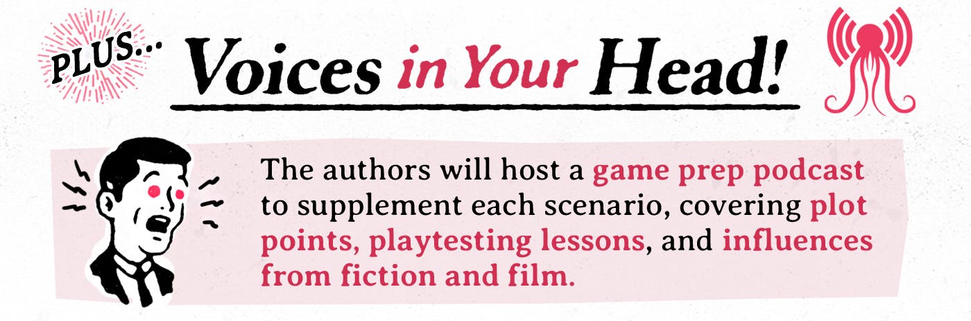 Voices in your Head. An image mentioning the podcast that will accompany Strange Stories the Roleplaying game scenarios.