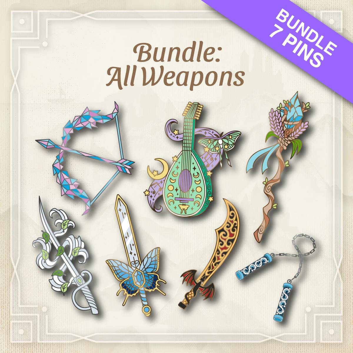 Bundle: All Weapon Pins (7 pins + 1 Freebie Pin)