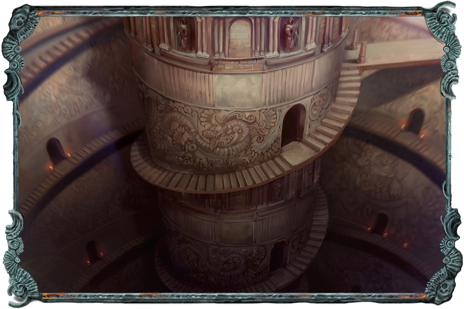 An illustration showing large column with spiral stairs set into a round shaft. The stairs descend down into the darkness.