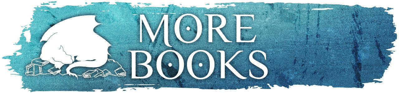 A brushstroke in blue-washed gradient, bearing a white silhouetted dragon curled up asleep on a massive pile of books and the title "More Books"