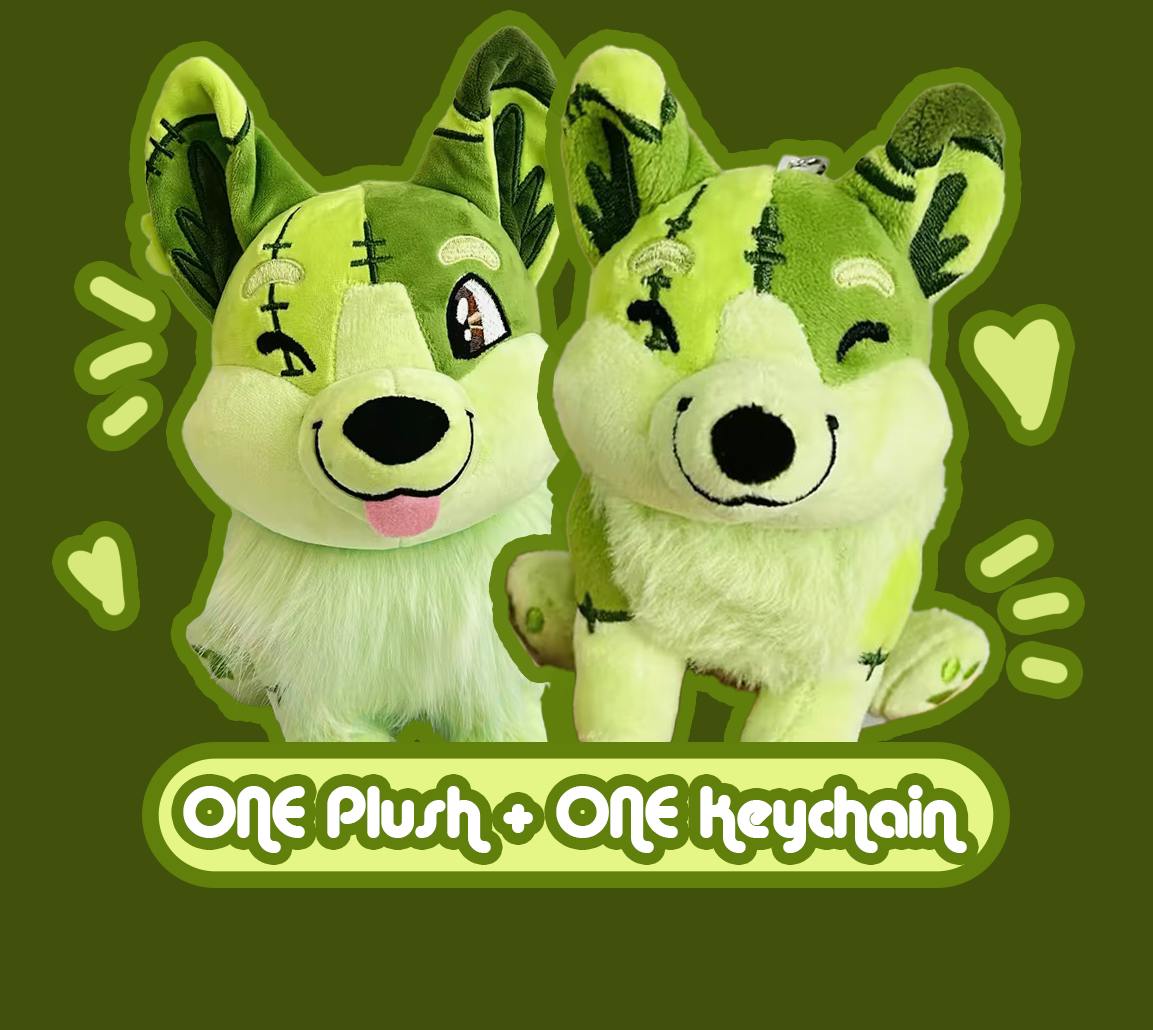 One (1) Buster Frankencorgi Sitting Plush & One (1) Keychain Plush